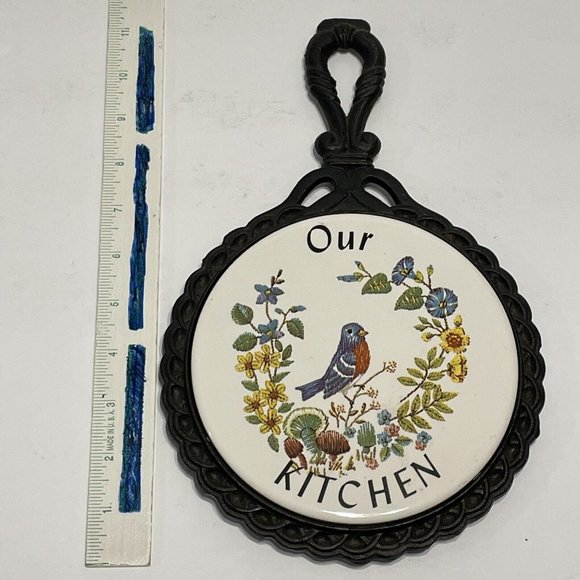 Vtg Mid-State Cast iron Ceramic Tile Our Kitchen Trivet CottageCore Bluebird - Picture 7 of 8
